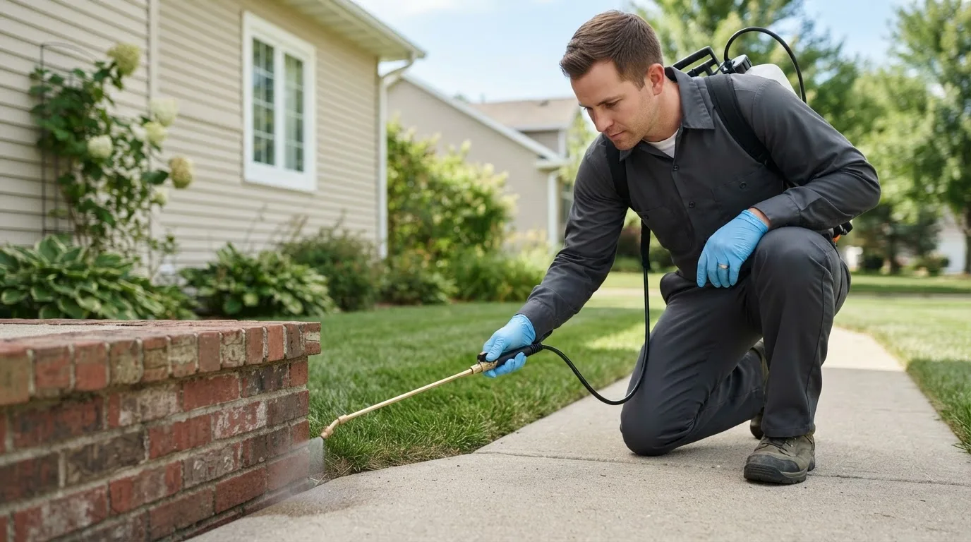 Pest control technician treating a home near Vidal, CA